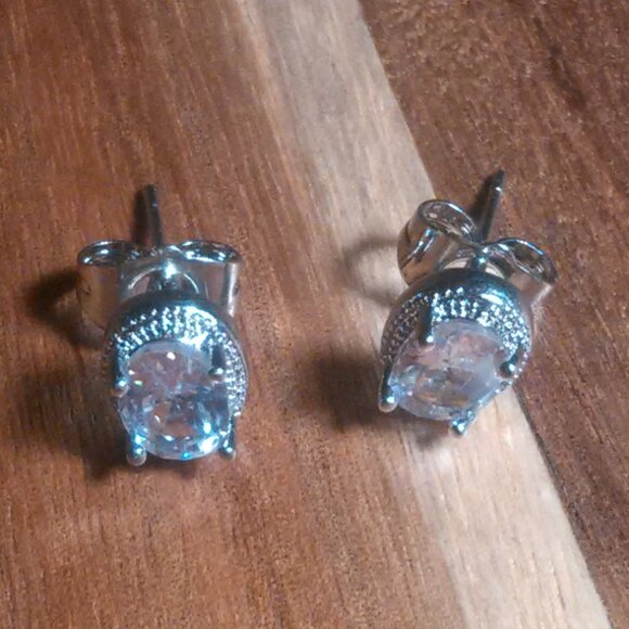 Simulated Blue and White Diamond Silvertone Brass Stud Earrings - Picture 4 of 13